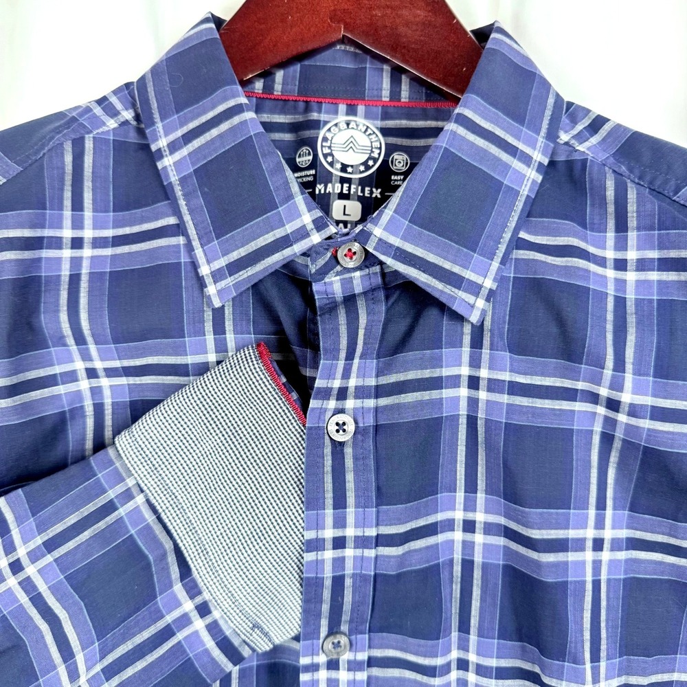 Flag & Anthem Madeflex Mens Large Tall Blue Plaid Stretch Button Down Shirt L T‎